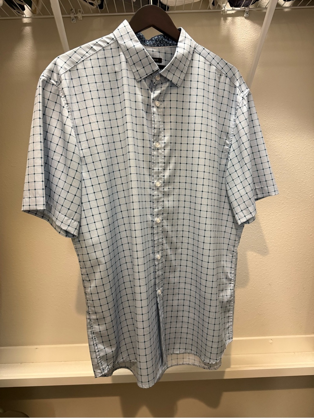 Pronto Uomo Modern Fit Short Sleeve Button Up Shirt Blue Grid Print Large